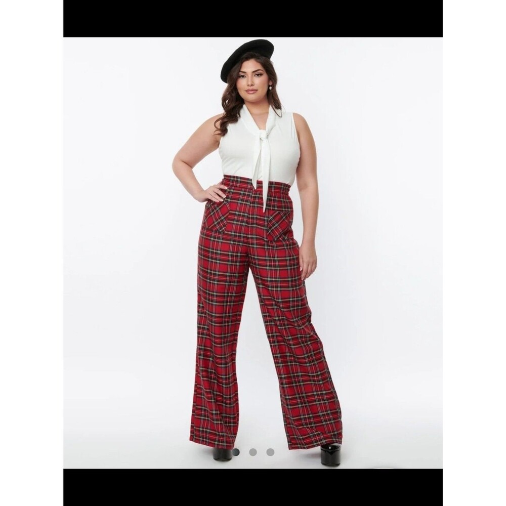 Unique Vintage | Red Plaid Wide-Leg High-Waist Pants